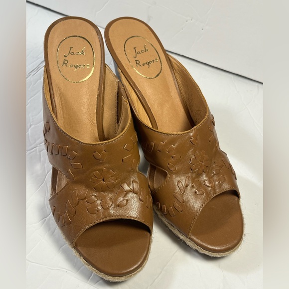 Jack Rogers Shoes - Jack Rogers Sophia Oak Brown Leather Wedge Whipstitch Heel Open Toe Sandals 7.5m